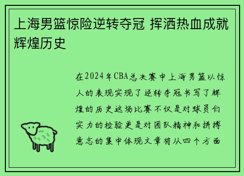 上海男篮惊险逆转夺冠 挥洒热血成就辉煌历史