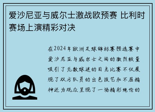 爱沙尼亚与威尔士激战欧预赛 比利时赛场上演精彩对决