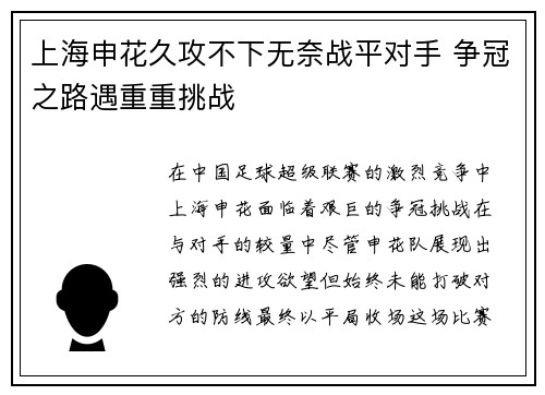 上海申花久攻不下无奈战平对手 争冠之路遇重重挑战