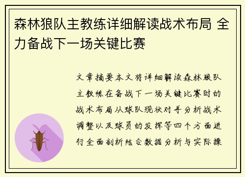森林狼队主教练详细解读战术布局 全力备战下一场关键比赛