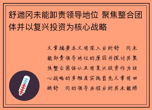 舒逇冈未能卸责领导地位 聚焦整合团体并以复兴投资为核心战略