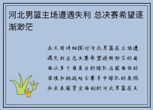 河北男篮主场遭遇失利 总决赛希望逐渐渺茫