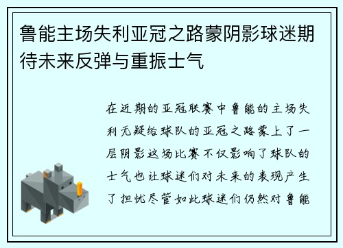 鲁能主场失利亚冠之路蒙阴影球迷期待未来反弹与重振士气