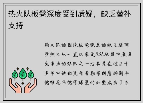 热火队板凳深度受到质疑，缺乏替补支持