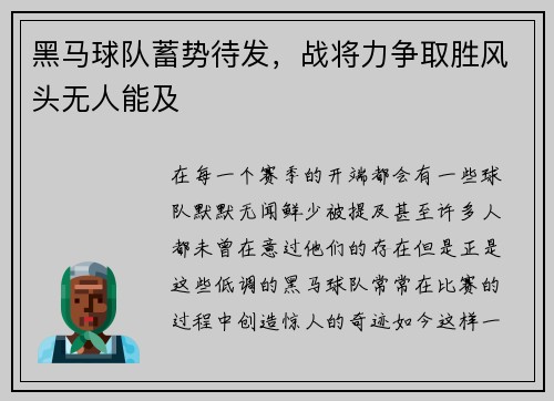 黑马球队蓄势待发，战将力争取胜风头无人能及