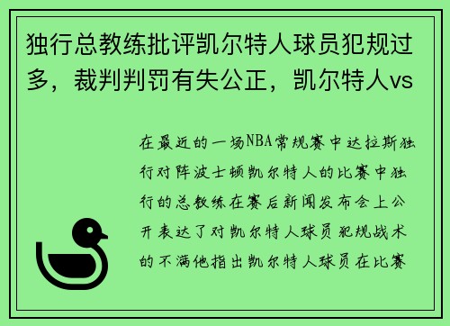 独行总教练批评凯尔特人球员犯规过多，裁判判罚有失公正，凯尔特人vs独行侠回放