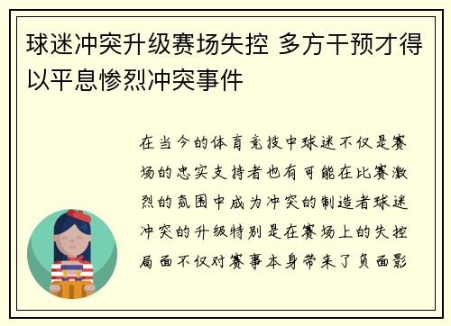 球迷冲突升级赛场失控 多方干预才得以平息惨烈冲突事件