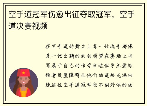 空手道冠军伤愈出征夺取冠军，空手道决赛视频