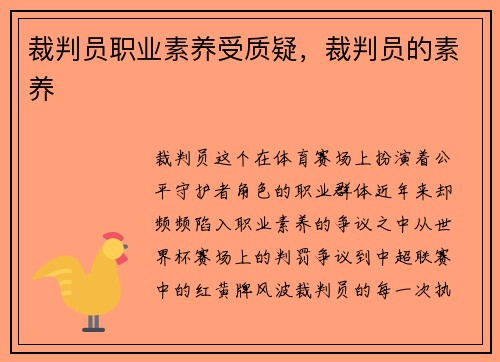 裁判员职业素养受质疑，裁判员的素养