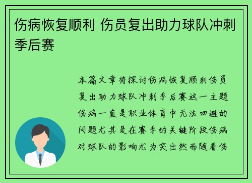 伤病恢复顺利 伤员复出助力球队冲刺季后赛