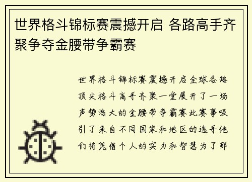 世界格斗锦标赛震撼开启 各路高手齐聚争夺金腰带争霸赛